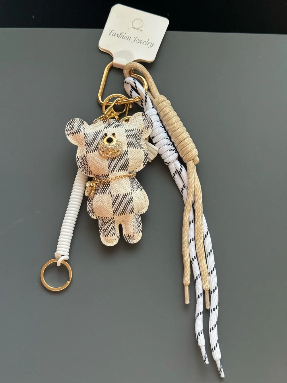 White and Gray Checkered Bear Bag Charm Keychain Gold Accent Coordinating Cord
